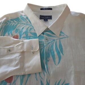 Paul Fredrick Mens Linen Shirt White Tropical Floral Palm 4XL FLAW YELLOWED